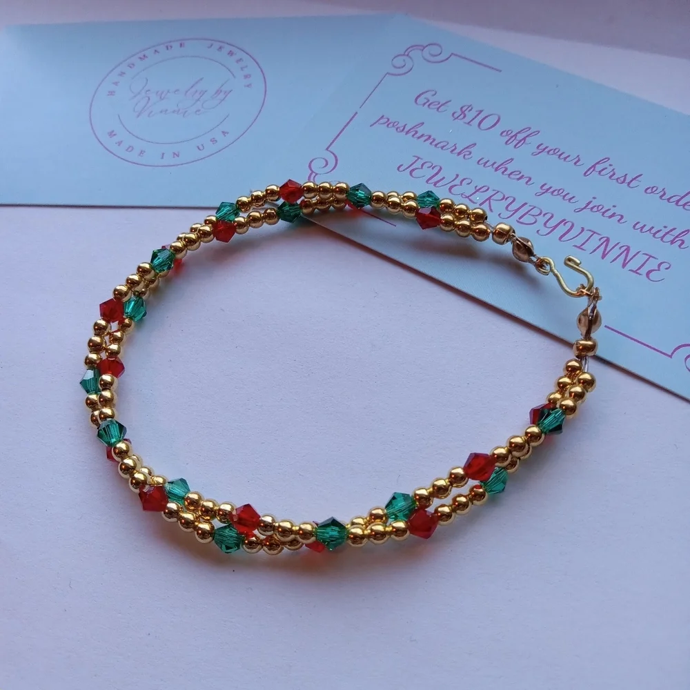 Hand Crafted Gold and Red Beaded Bracelet - Picture 5 of 7